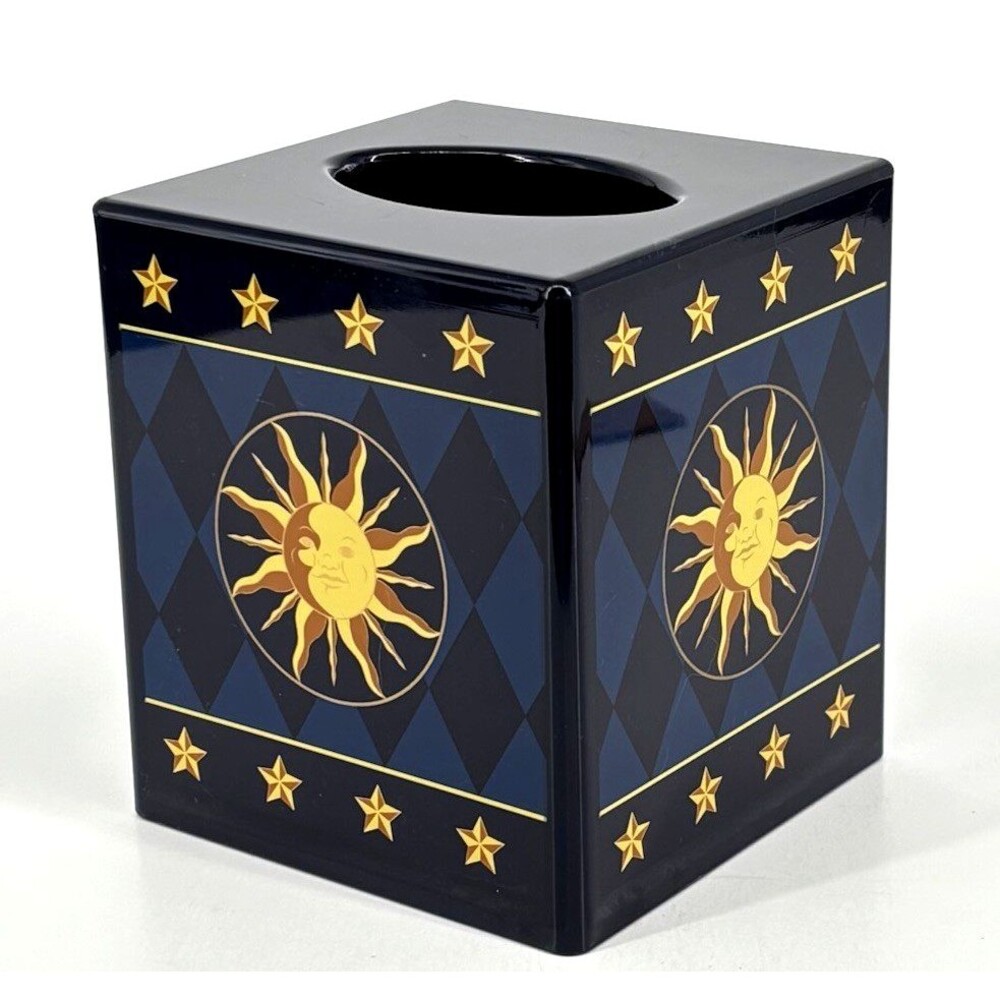 Celestial Night Sky Tissue Box Moon Star Sun Navy Blue Gold Whimsical